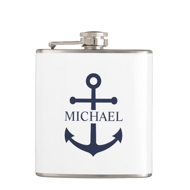 Nautical Navy Blue Anchor Personalised Name Hip Flask (Front)