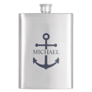 Nautical Navy Blue Anchor Personalised Name Hip Flask