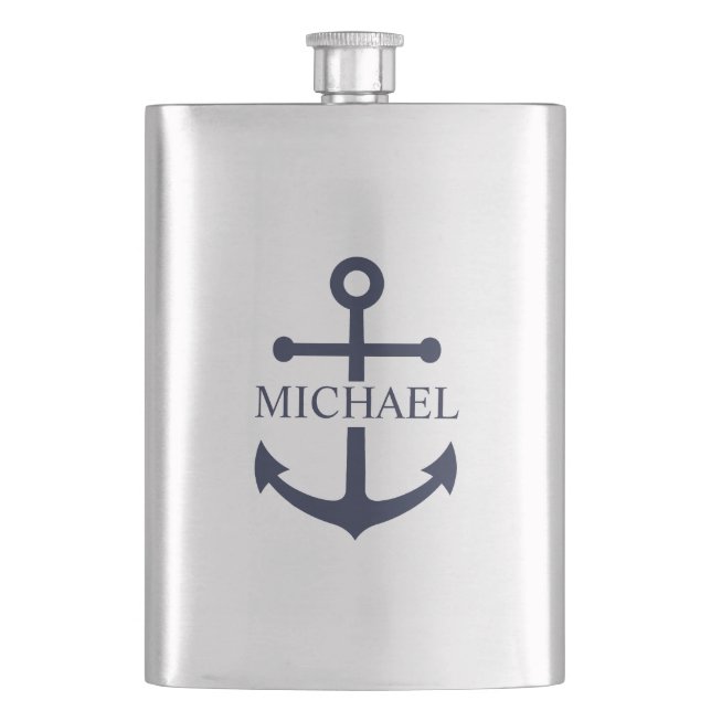 Nautical Navy Blue Anchor Personalised Name Hip Flask (Front)