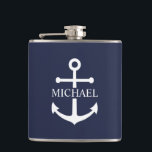 Nautical Navy Blue Anchor Personalised Name Hip Flask<br><div class="desc">This personalised gift features a white anchor design with custom name in a classic white serif font on navy blue background.

A thoughtful nautical gift idea for beach house décor,  Father’s Day gift for dad,  thank you gift for groomsmen,  or a unique present for any special occasion.</div>
