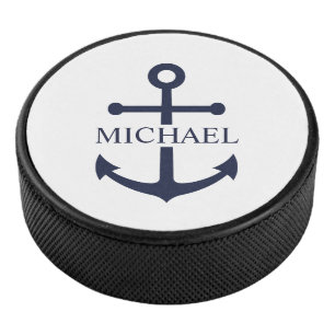 Nautical Navy Blue Anchor Personalised Name Hockey Puck