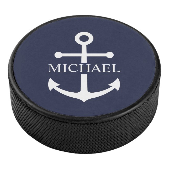 Nautical Navy Blue Anchor Personalised Name Hockey Puck (3/4)