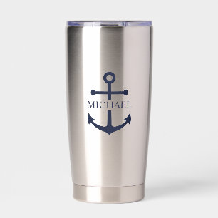 Nautical Navy Blue Anchor Personalised Name Insulated Tumbler
