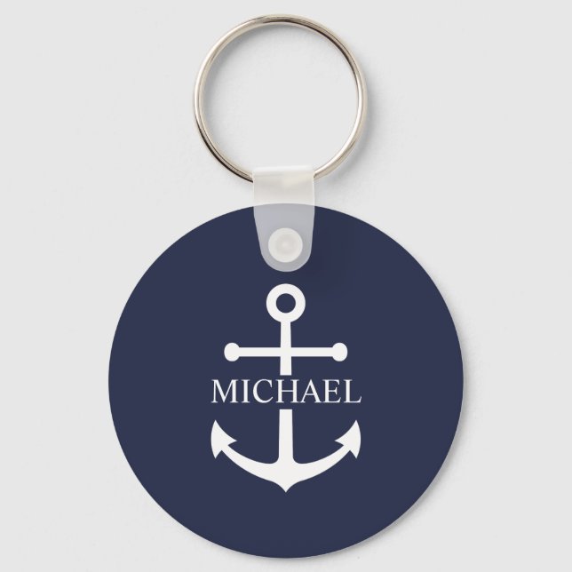 Nautical Navy Blue Anchor Personalised Name Key Ring (Front)