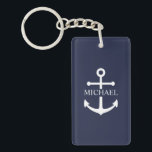 Nautical Navy Blue Anchor Personalised Name Key Ring<br><div class="desc">This personalised gift features a white anchor design with custom name in a classic white serif font on navy blue background.

A thoughtful nautical gift idea for beach house décor,  Father’s Day gift for dad,  thank you gift for groomsmen,  or a unique present for any special occasion.</div>