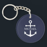 Nautical Navy Blue Anchor Personalised Name Key Ring<br><div class="desc">This personalised gift features a white anchor design with custom name in a classic white serif font on navy blue background.

A thoughtful nautical gift idea for beach house décor,  Father’s Day gift for dad,  thank you gift for groomsmen,  or a unique present for any special occasion.</div>