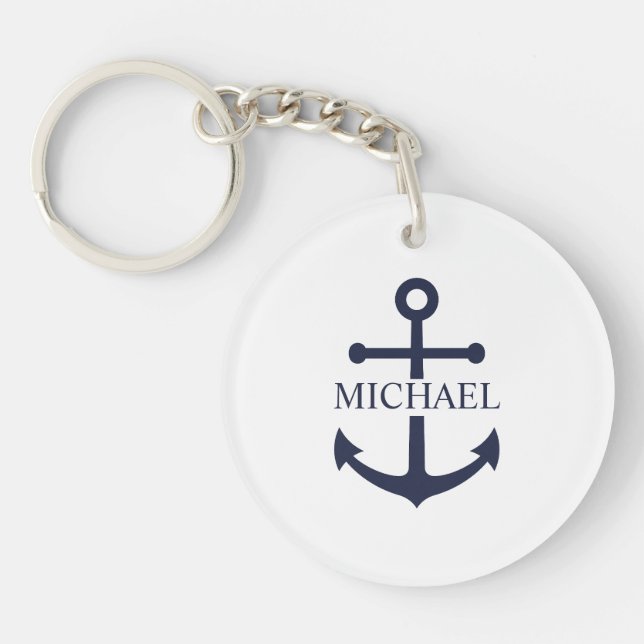 Nautical Navy Blue Anchor Personalised Name Key Ring (Front)