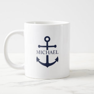 Nautical Navy Blue Anchor Personalised Name Large Coffee Mug