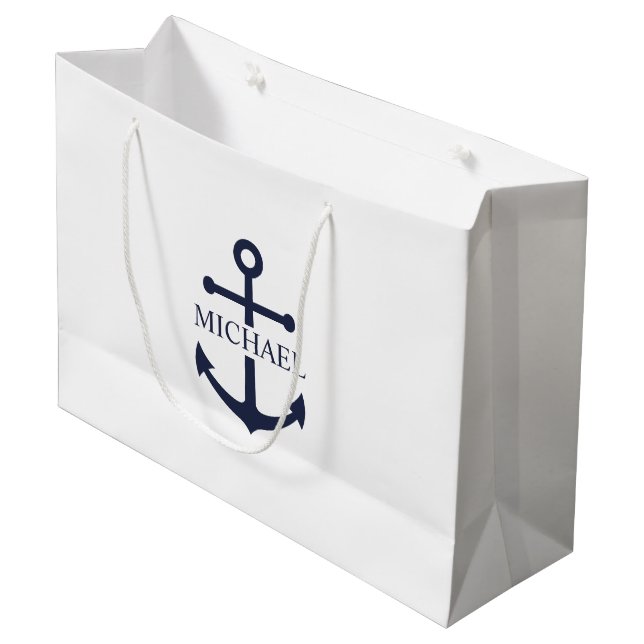 Nautical Navy Blue Anchor Personalised Name Large Gift Bag (Front Angled)