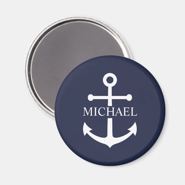 Nautical Navy Blue Anchor Personalised Name Magnet (Front/Back)