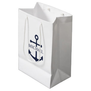 Nautical Navy Blue Anchor Personalised Name Medium Gift Bag