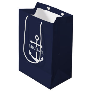 Nautical Navy Blue Anchor Personalised Name Medium Gift Bag