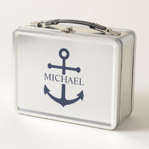 Nautical Navy Blue Anchor Personalised Name Metal Lunch Box