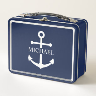 Nautical Navy Blue Anchor Personalised Name Metal Lunch Box