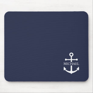 Nautical Navy Blue Anchor Personalised Name Mouse Mat