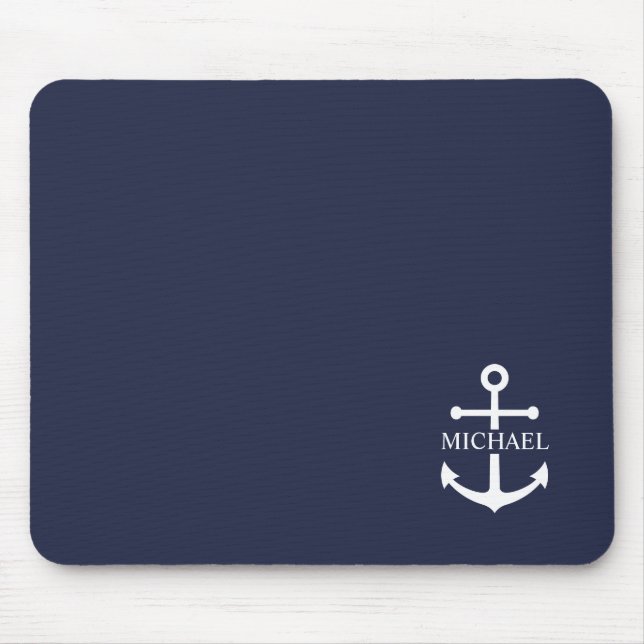 Nautical Navy Blue Anchor Personalised Name Mouse Mat (Front)