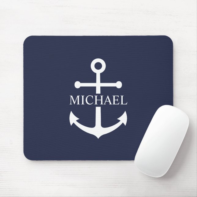 Nautical Navy Blue Anchor Personalised Name Mouse Mat (With Mouse)