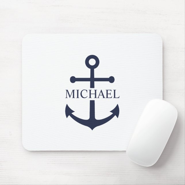 Nautical Navy Blue Anchor Personalised Name Mouse Mat (With Mouse)