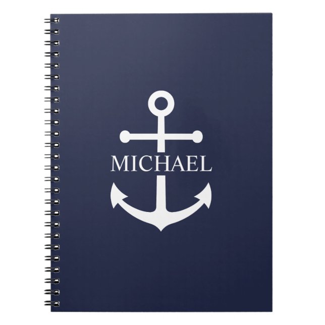 Nautical Navy Blue Anchor Personalised Name Notebook (Front)