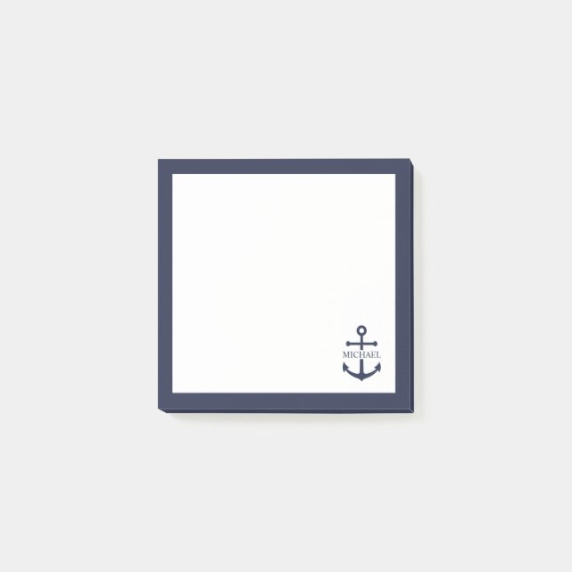 Nautical Navy Blue Anchor Personalised Name Post-it Notes (Front)