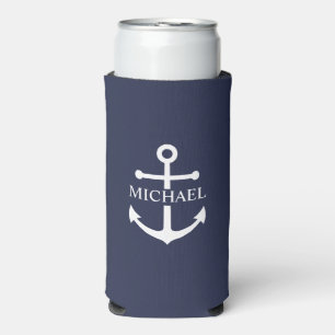 Nautical Navy Blue Anchor Personalised Name Seltzer Can Cooler