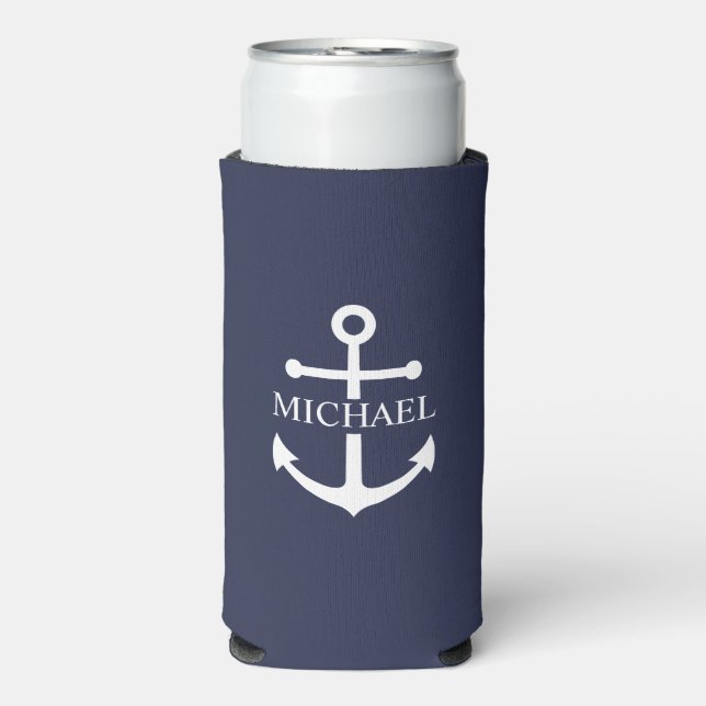 Nautical Navy Blue Anchor Personalised Name Seltzer Can Cooler (Seltzer Front)