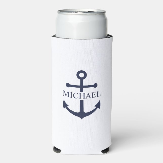 Nautical Navy Blue Anchor Personalised Name Seltzer Can Cooler (Seltzer Front)