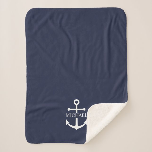 Nautical Navy Blue Anchor Personalised Name Sherpa Blanket (Front)