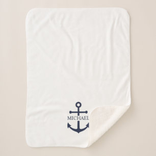 Nautical Navy Blue Anchor Personalised Name Sherpa Blanket