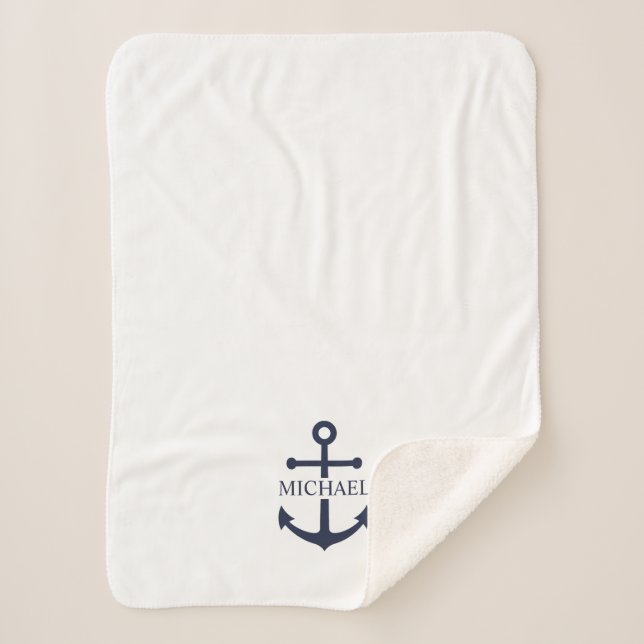 Nautical Navy Blue Anchor Personalised Name Sherpa Blanket (Front)