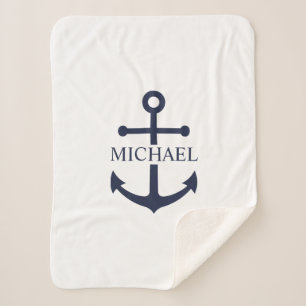 Nautical Navy Blue Anchor Personalised Name Sherpa Blanket