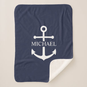 Nautical Navy Blue Anchor Personalised Name Sherpa Blanket