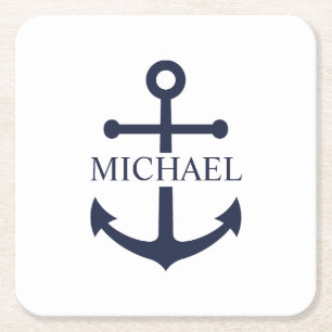 Nautical Navy Blue Anchor Personalised Name Square Paper Coaster