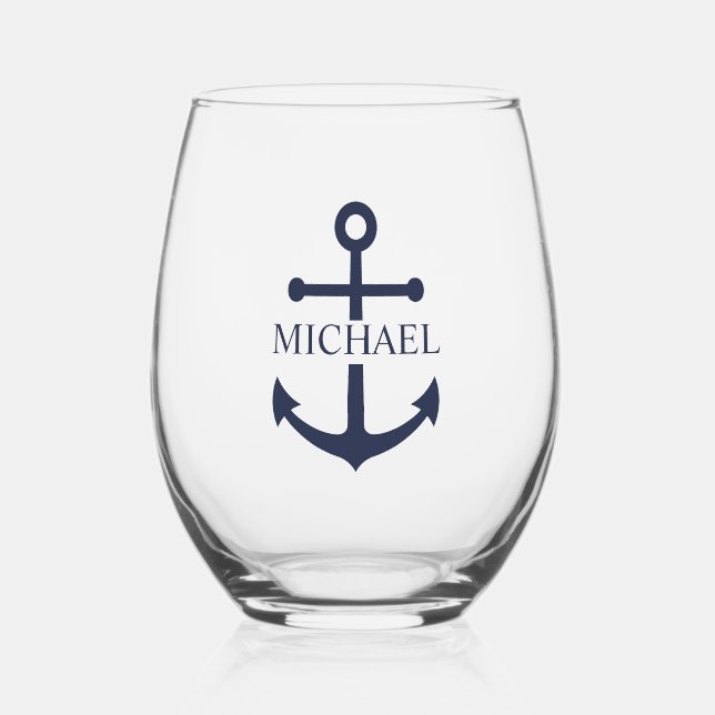Nautical Navy Blue Anchor Personalised Name Stemless Wine Glass (Front)