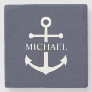 Nautical Navy Blue Anchor Personalised Name Stone Coaster