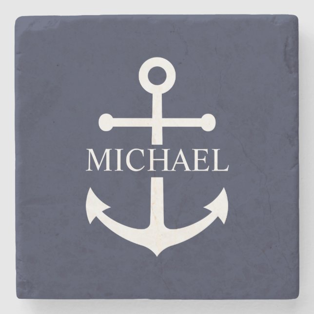 Nautical Navy Blue Anchor Personalised Name Stone Coaster (Front)