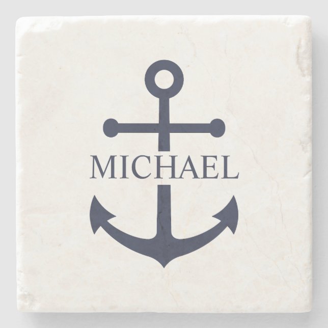 Nautical Navy Blue Anchor Personalised Name Stone Coaster (Front)