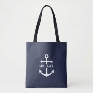 Nautical Navy Blue Anchor Personalised Name Tote Bag