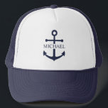 Nautical Navy Blue Anchor Personalised Name Trucker Hat<br><div class="desc">This personalised gift features a navy blue anchor design with custom name in a classic navy serif font.

A thoughtful nautical gift idea for Father’s Day gift for dad or a unique present for any special occasion.</div>