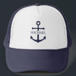 Nautical Navy Blue Anchor Personalised Name Trucker Hat<br><div class="desc">This personalised gift features a navy blue anchor design with custom name in a classic navy serif font.
A thoughtful nautical gift idea for Father’s Day gift for dad or a unique present for any special occasion.</div>
