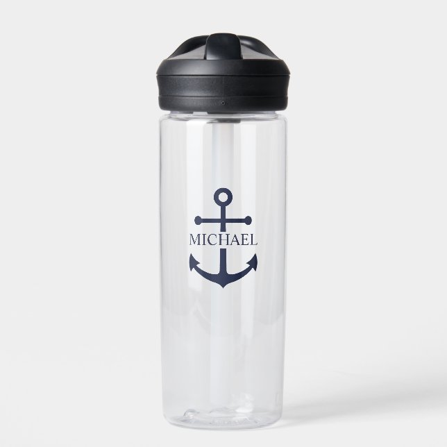 Nautical Navy Blue Anchor Personalised Name Water Bottle (Front)