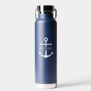 Nautical Navy Blue Anchor Personalised Name Water Bottle