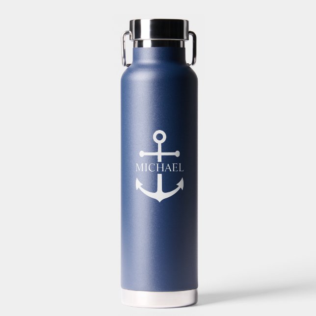 Nautical Navy Blue Anchor Personalised Name Water Bottle (Front)