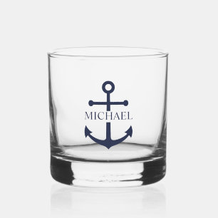 Nautical Navy Blue Anchor Personalised Name Whiskey Glass