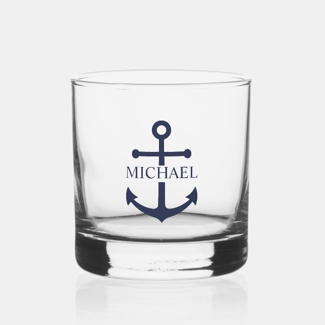 Nautical Navy Blue Anchor Personalised Name Whiskey Glass (Front)