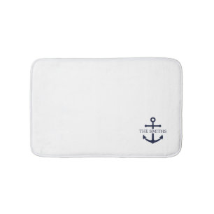 Nautical Navy Blue Anchor Personalized Family Name Bath Mat