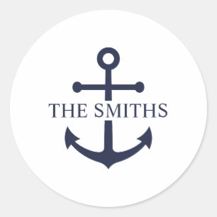 Nautical Navy Blue Anchor Personalized Family Name Classic Round Sticker