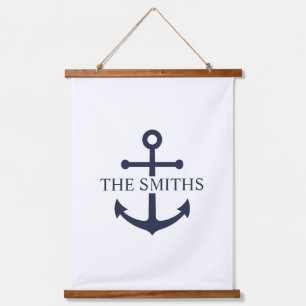 Nautical Navy Blue Anchor Personalized Family Name Hanging Tapestry