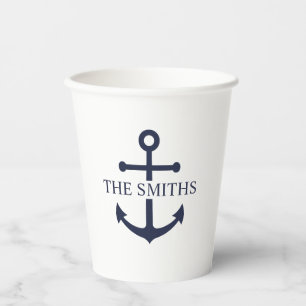 Nautical Navy Blue Anchor Personalized Family Name Paper Cups