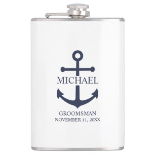 Nautical Navy Blue Anchor Personalized Groomsmen Hip Flask